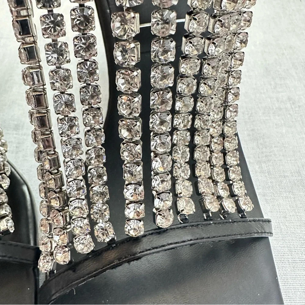 New Zara $129 Rhinestone Square Toe Black Sandals 1343/610 Size 10 RARE - Picture 6 of 16